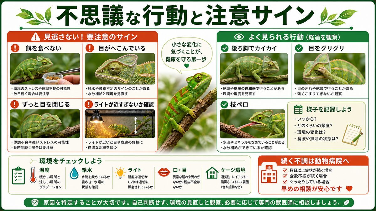 まだまだあるよ！カメレオンの不思議な行動の要点をまとめたカメレオン・爬虫類飼育インフォグラフィック