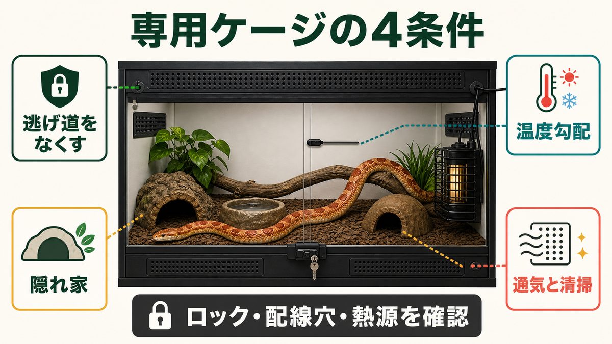 施錠、温度勾配、隠れ家、通気と清掃を備えたヘビ専用ケージの条件