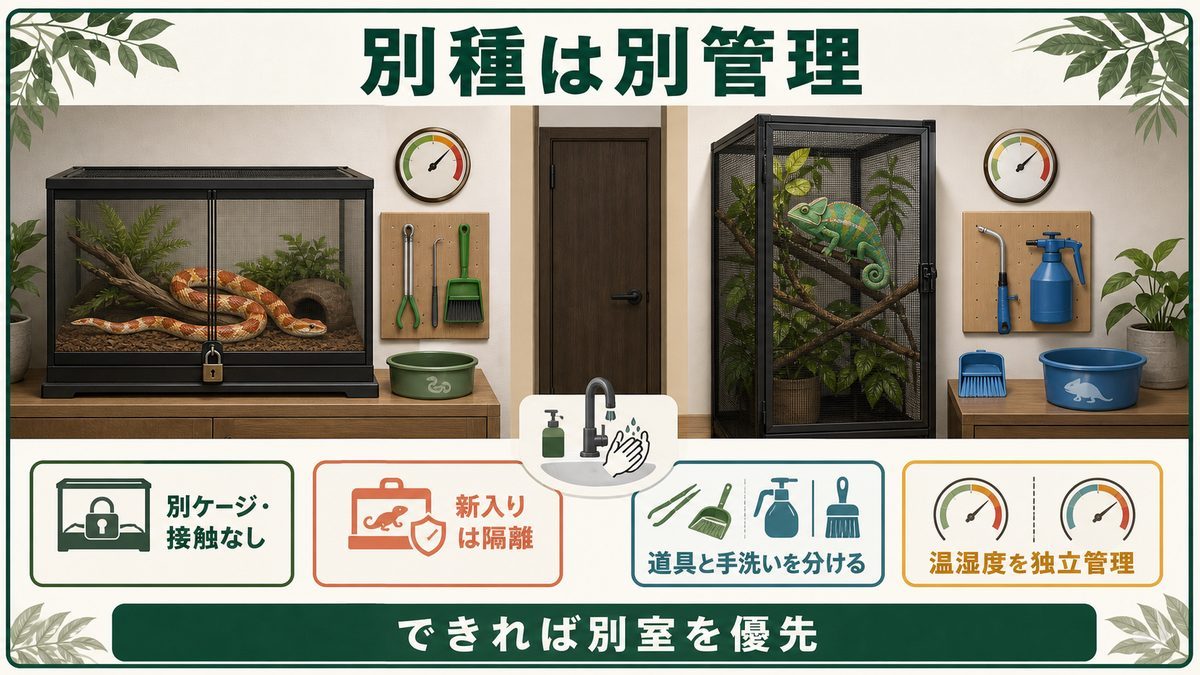 ヘビとカメレオンを別室・別ケージ・専用道具・独立環境で管理する図