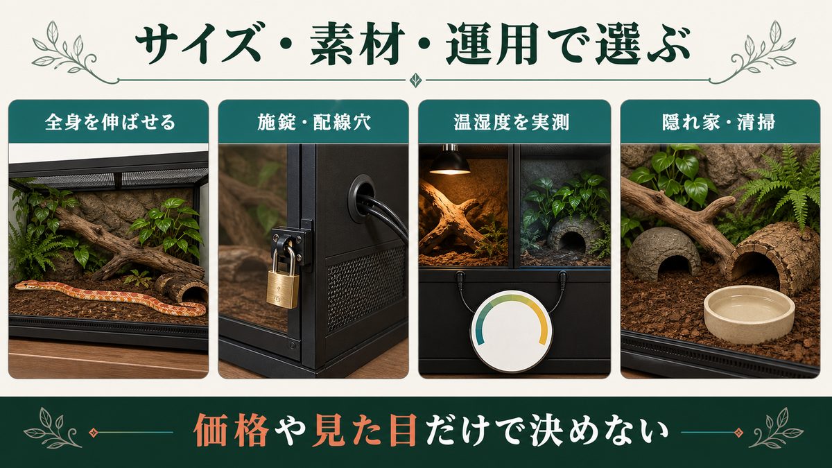 全身を伸ばせる広さ、施錠、温湿度実測、隠れ家と清掃でヘビ用ケージを選ぶ図