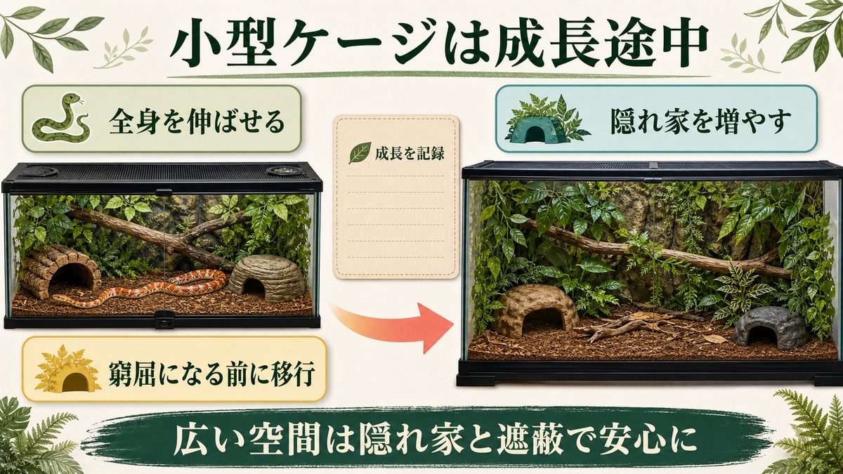 幼蛇が全身を伸ばせる小型ケージから隠れ家の多い成体用ケージへ移行する図