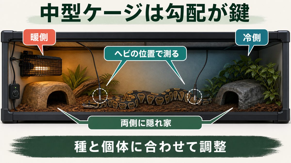 暖側と冷側の両方に隠れ家を置きヘビの位置で測る中型ケージの温度勾配
