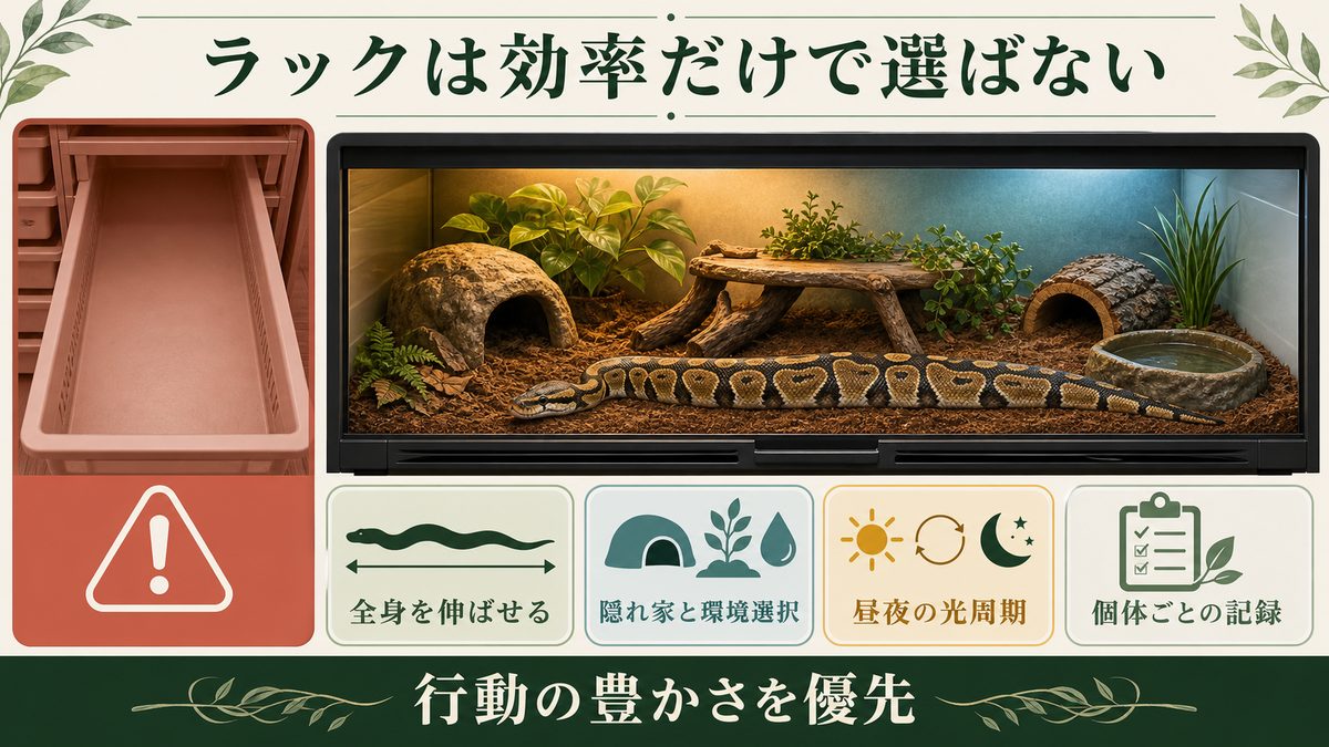 狭い空のラックと全身を伸ばせる環境豊かなボールパイソン用テラリウムの比較
