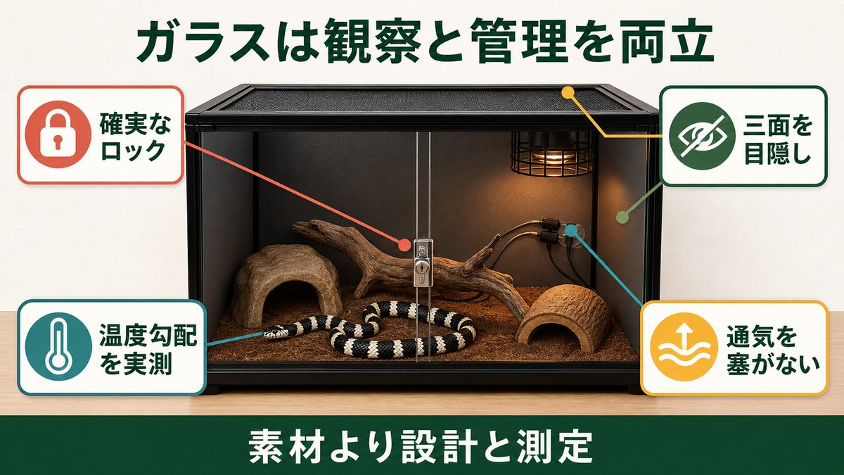 確実なロック、三面の目隠し、温度実測、通気を備えたガラス製ヘビケージ
