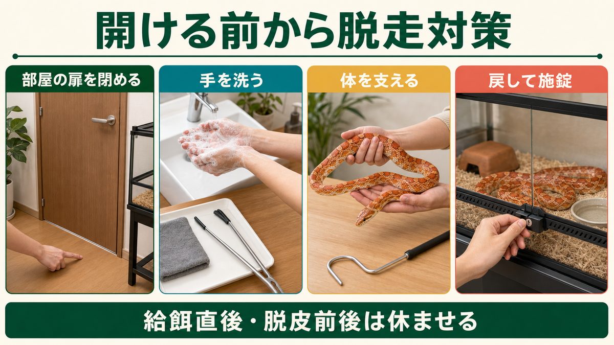 部屋を閉め手洗いしてヘビの体を支えケージへ戻して施錠する安全手順