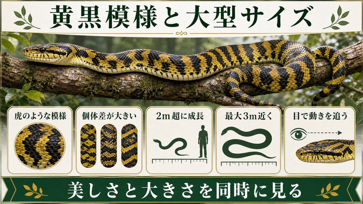 特徴|黄黒の鮮やかな模様と圧倒的な大きさの要点をまとめたカメレオン・爬虫類飼育インフォグラフィック