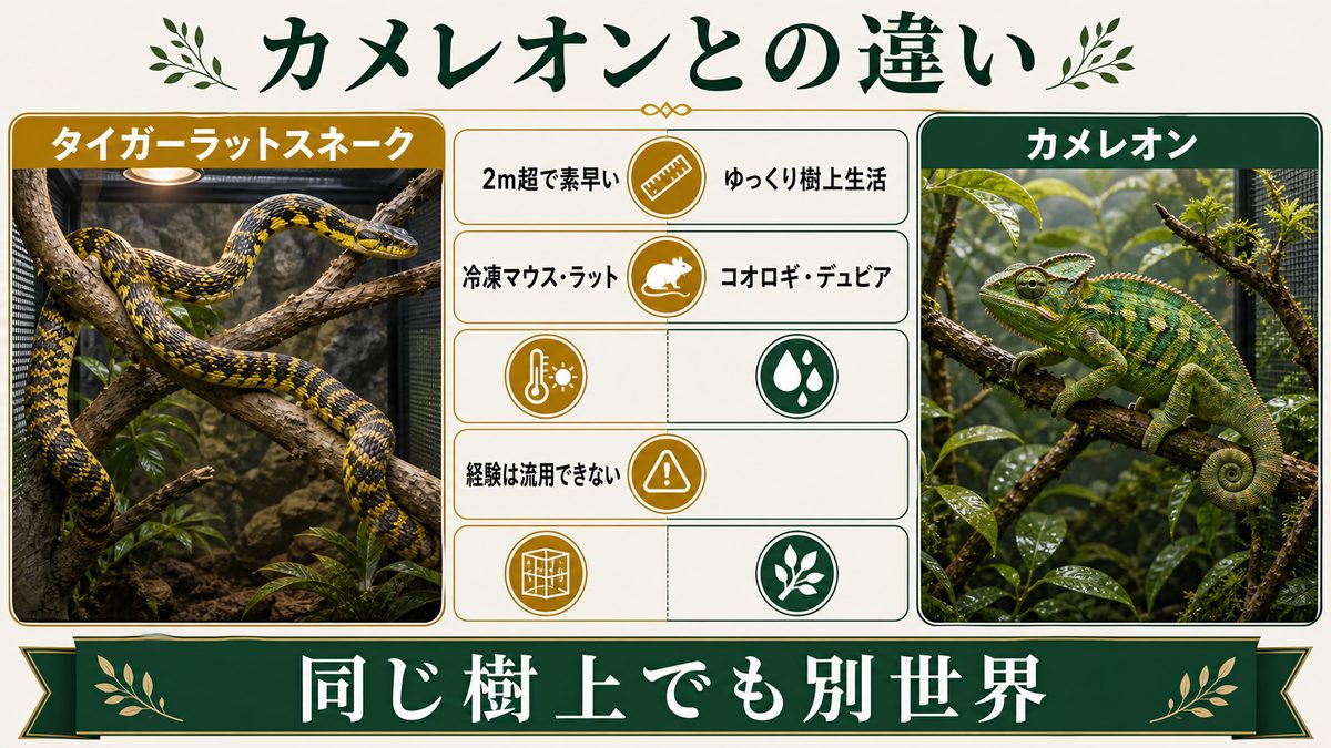 カメレオン(ぺぺ君)との違い|同じ樹上でも別世界の住人の要点をまとめたカメレオン・爬虫類飼育インフォグラフィック