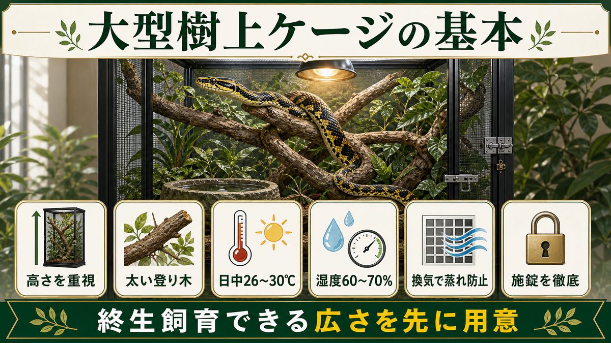 飼育環境|高さ重視の大型樹上ケージを用意するの要点をまとめたカメレオン・爬虫類飼育インフォグラフィック