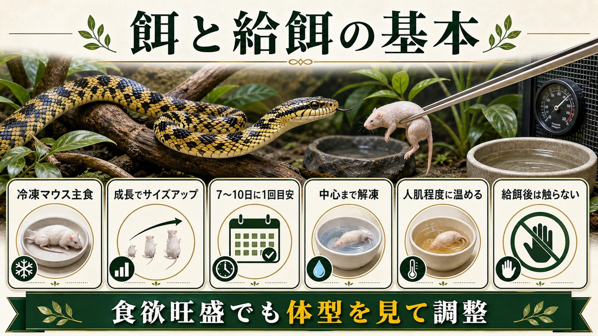 餌と給餌|鳥・哺乳類を食べる旺盛な食欲の要点をまとめたカメレオン・爬虫類飼育インフォグラフィック