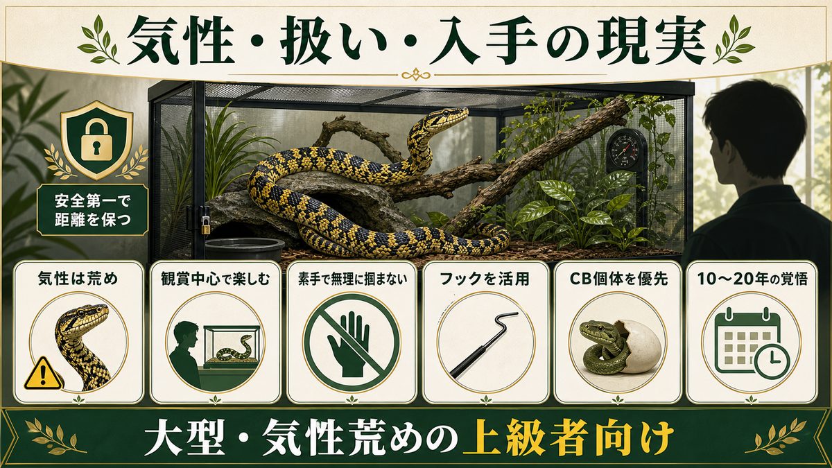 気性・ハンドリング・入手|上級者向けという現実の要点をまとめたカメレオン・爬虫類飼育インフォグラフィック