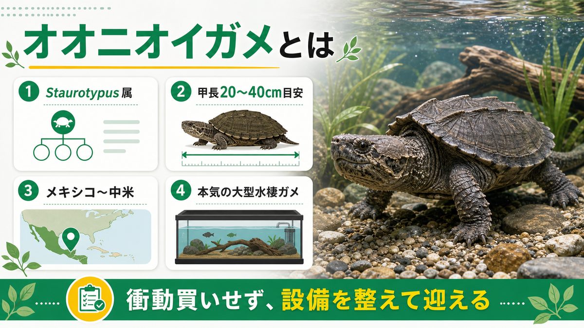 オオニオイガメとは｜メキシコ〜中米の「大型ニオイガメ」の要点をまとめたカメレオン・爬虫類飼育インフォグラフィック
