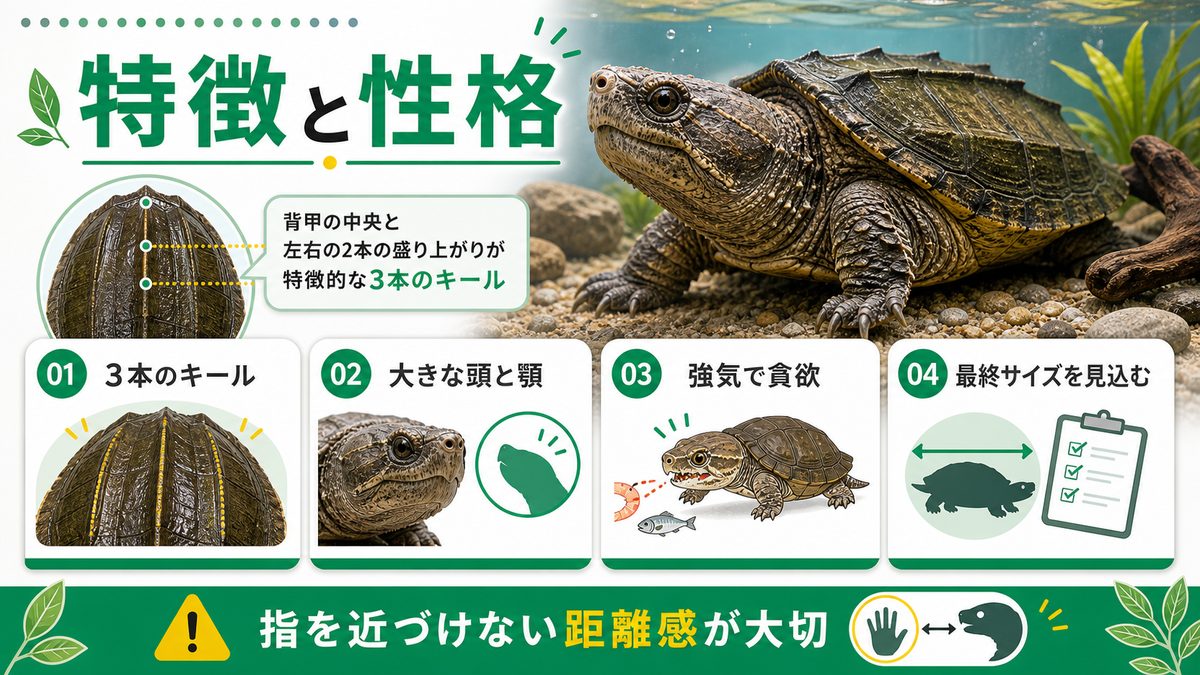 特徴｜3本のキールと厳つい顔つき、そして強気な性格の要点をまとめたカメレオン・爬虫類飼育インフォグラフィック