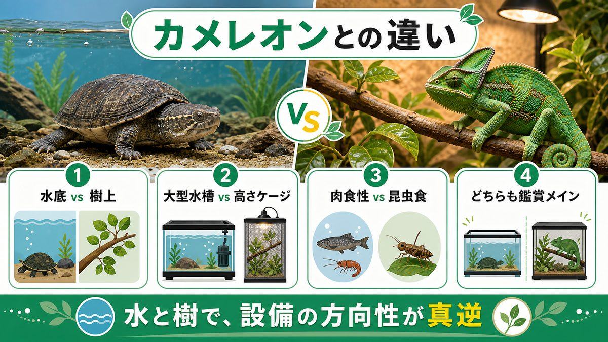 カメレオン（ぺぺ君）との違い｜樹上の繊細家 vs 水底のハンターの要点をまとめたカメレオン・爬虫類飼育インフォグラフィック