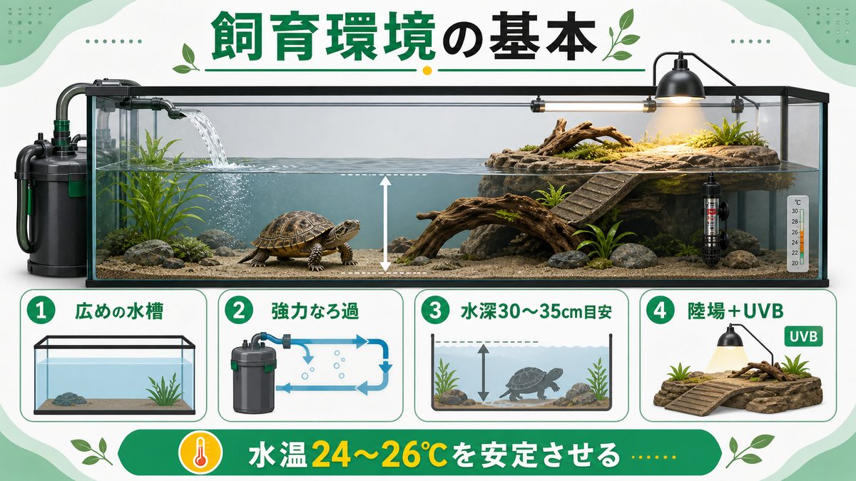 飼育環境｜大型水槽・強力ろ過・ほどよい水深と陸場の要点をまとめたカメレオン・爬虫類飼育インフォグラフィック