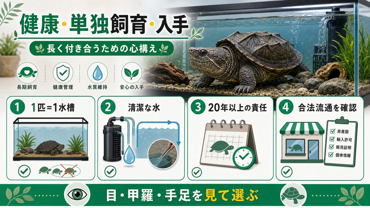 健康・単独飼育・入手｜長く付き合うための心構えの要点をまとめたカメレオン・爬虫類飼育インフォグラフィック