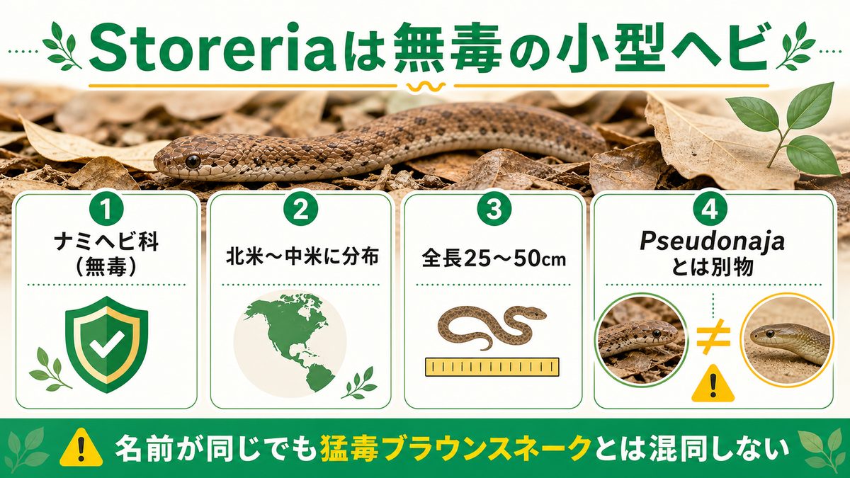 ブラウンスネーク（Storeria）とは？まず「毒蛇」との違いからの要点をまとめたカメレオン・爬虫類飼育インフォグラフィック
