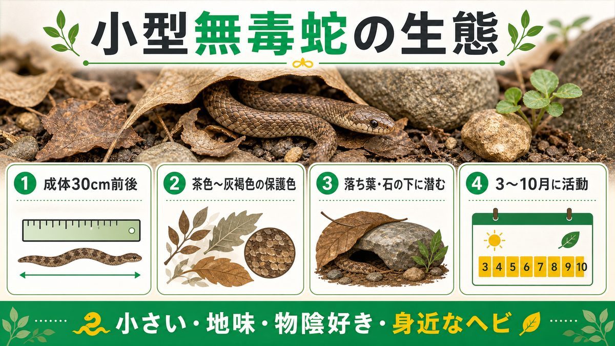 特徴・小型無毒蛇としての生態の要点をまとめたカメレオン・爬虫類飼育インフォグラフィック
