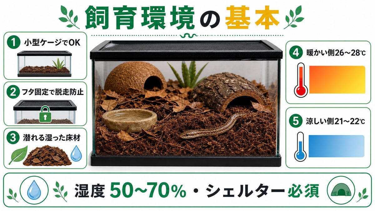 飼育環境（小型ケージ・潜れる床材）の要点をまとめたカメレオン・爬虫類飼育インフォグラフィック