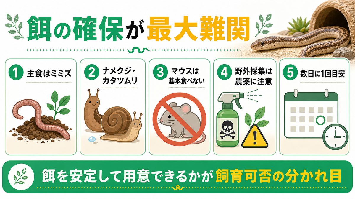 餌（ミミズ・ナメクジ等）の確保が最大の難関の要点をまとめたカメレオン・爬虫類飼育インフォグラフィック