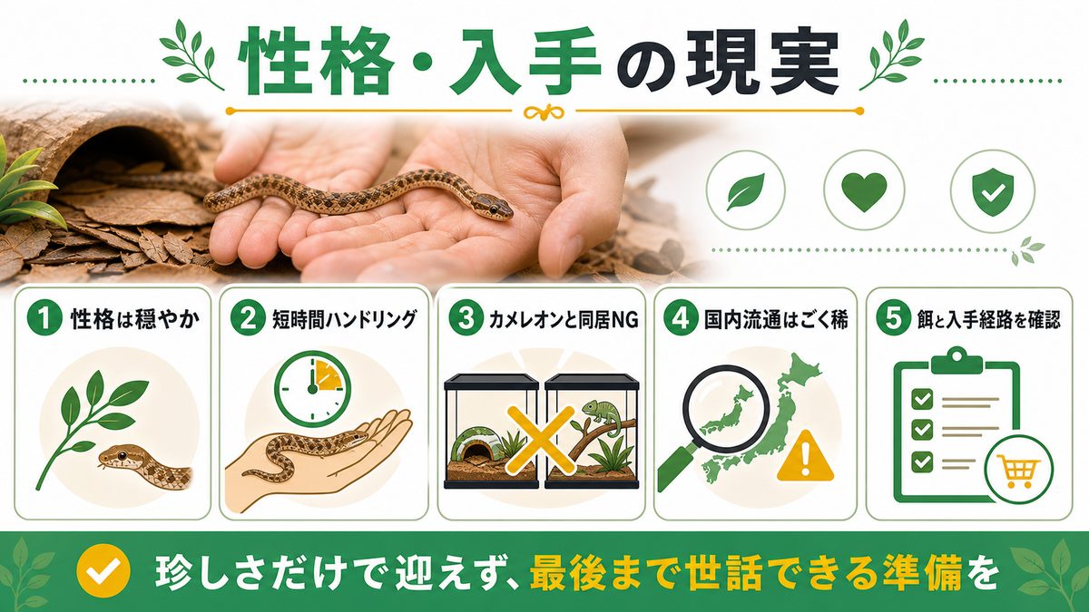 気性・ハンドリング・入手の要点をまとめたカメレオン・爬虫類飼育インフォグラフィック