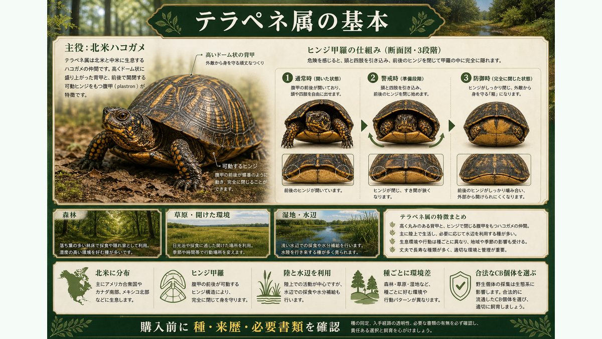 テラペネ属の基本情報｜ヒンジ甲羅と分布・法規制の要点をまとめたカメレオン・爬虫類飼育インフォグラフィック