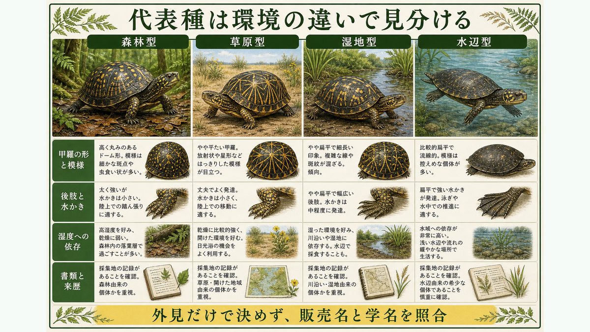 代表種の紹介と比較｜4種の特徴・亜種・見分け方の要点をまとめたカメレオン・爬虫類飼育インフォグラフィック