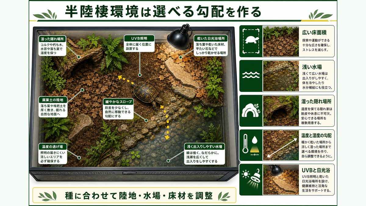 飼育環境の設定｜テラリウム・温度・湿度・UVB・床材の要点をまとめたカメレオン・爬虫類飼育インフォグラフィック