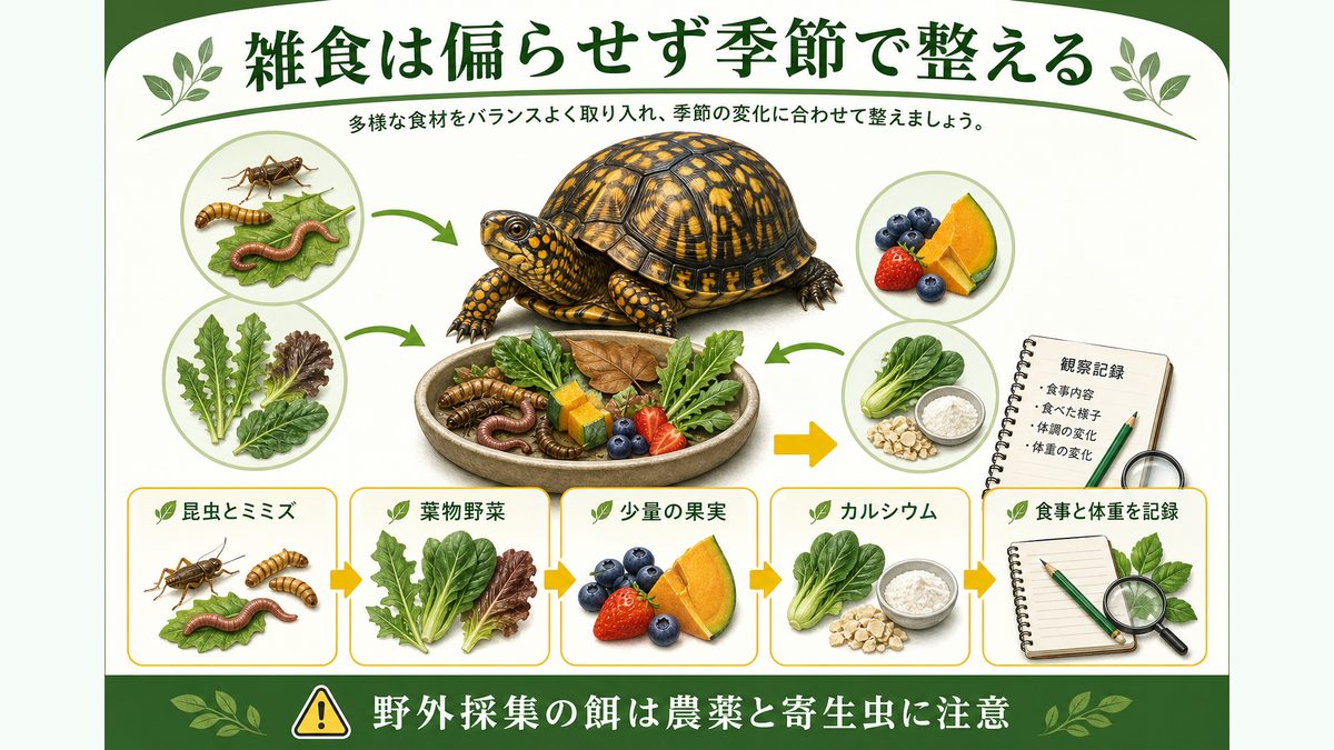給餌と栄養管理｜雑食性の食材リスト・季節変化・サプリの要点をまとめたカメレオン・爬虫類飼育インフォグラフィック