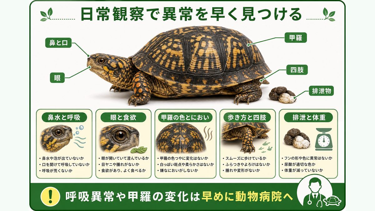 健康管理｜呼吸器疾患・甲羅異常・寄生虫の要点をまとめたカメレオン・爬虫類飼育インフォグラフィック
