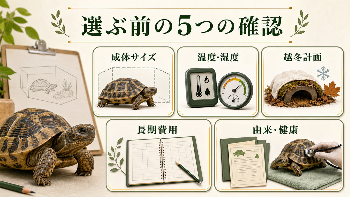 成体サイズ・温湿度・越冬計画・長期費用・由来と健康の5項目を示すリクガメ選びの判断図