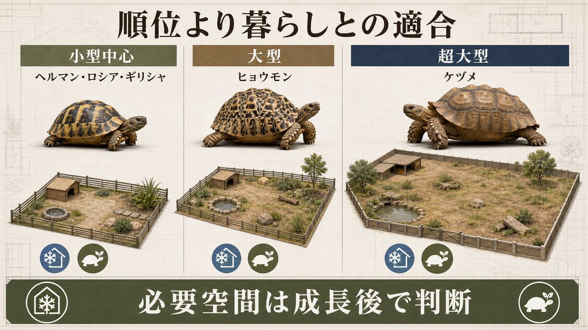 小型中心のテストゥド属・大型ヒョウモン・超大型ケヅメリクガメの必要空間を比較する図