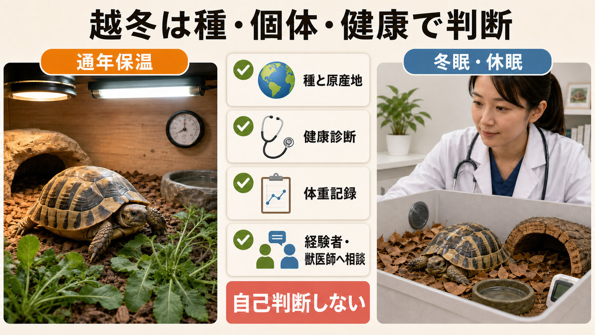 通年保温と冬眠・休眠を種・原産地・健康診断・体重記録・専門家相談で判断する越冬管理図