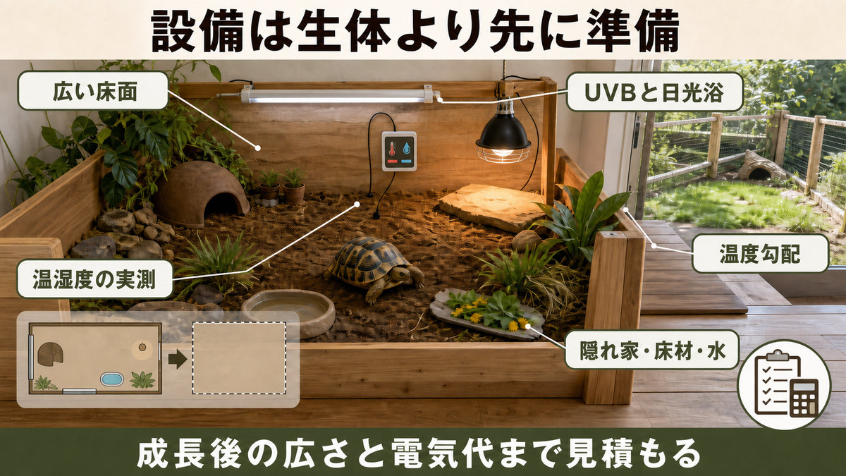 広い床面・UVB・日光浴・温度勾配・温湿度計・隠れ家・床材・水を備えたリクガメ環境図