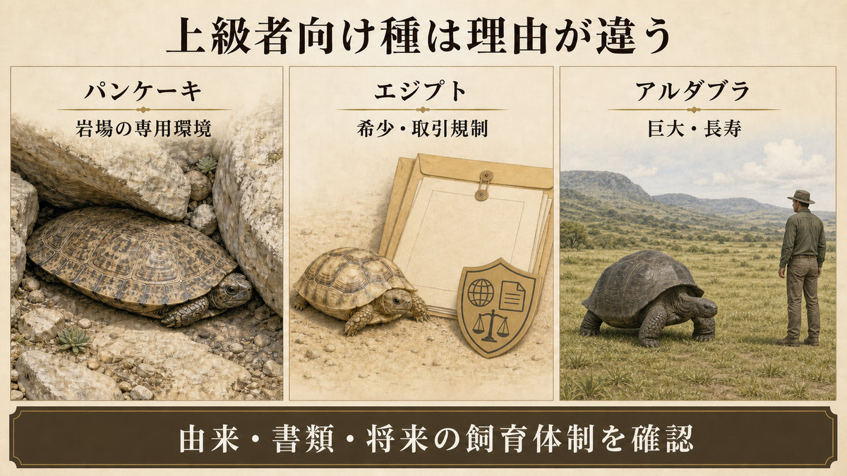 パンケーキ・エジプト・アルダブラゾウガメを専用環境・取引規制・巨大化と長寿の理由で比較する図