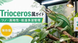 Trioceros属（トリオセロス）完全ガイド｜アフリカ産ツノカメレオンの種類・特徴・飼育法の要点を伝えるカメレオン・爬虫類記事アイキャッチ画像