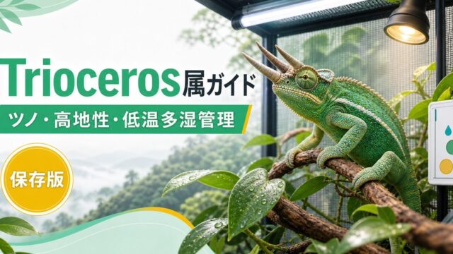 Trioceros属（トリオセロス）完全ガイド｜アフリカ産ツノカメレオンの種類・特徴・飼育法の要点を伝えるカメレオン・爬虫類記事アイキャッチ画像