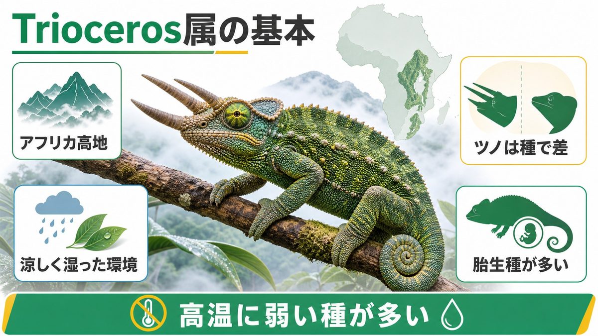 Trioceros属とは?ツノと裂け目を持つアフリカのカメレオンの要点をまとめたカメレオン・爬虫類飼育インフォグラフィック