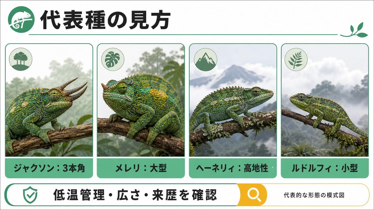 代表種の特徴と飼いやすさ比較の要点をまとめたカメレオン・爬虫類飼育インフォグラフィック