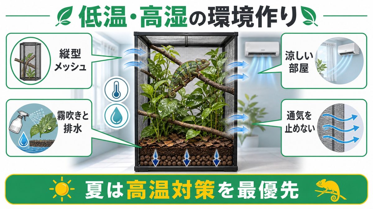 低温・高湿を活かした飼育環境の設定の要点をまとめたカメレオン・爬虫類飼育インフォグラフィック