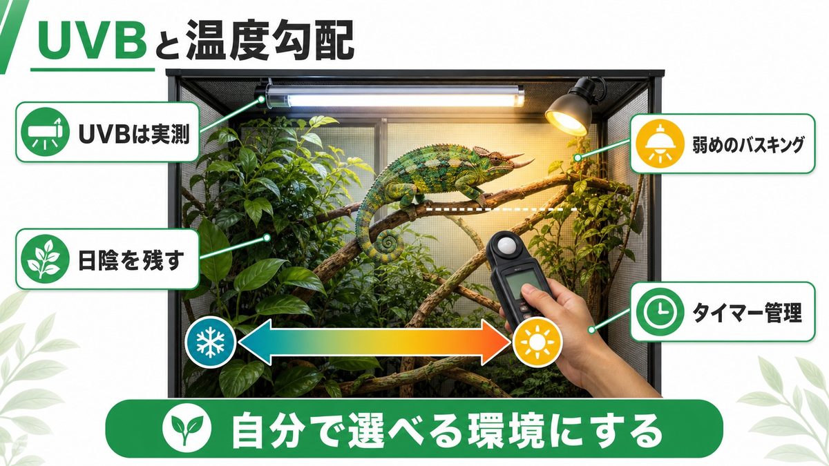 照明・UVBと温度勾配のポイントの要点をまとめたカメレオン・爬虫類飼育インフォグラフィック