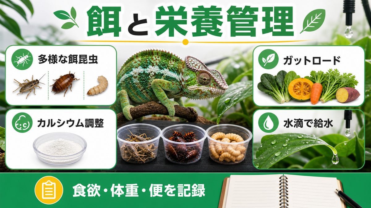 餌と栄養管理・サプリメントの使い方の要点をまとめたカメレオン・爬虫類飼育インフォグラフィック