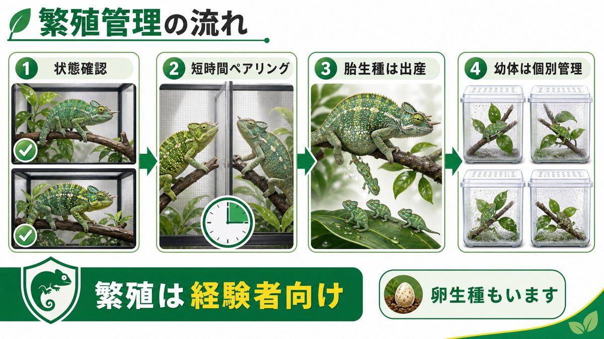 繁殖・胎生の多いTrioceros属の繁殖管理の要点をまとめたカメレオン・爬虫類飼育インフォグラフィック