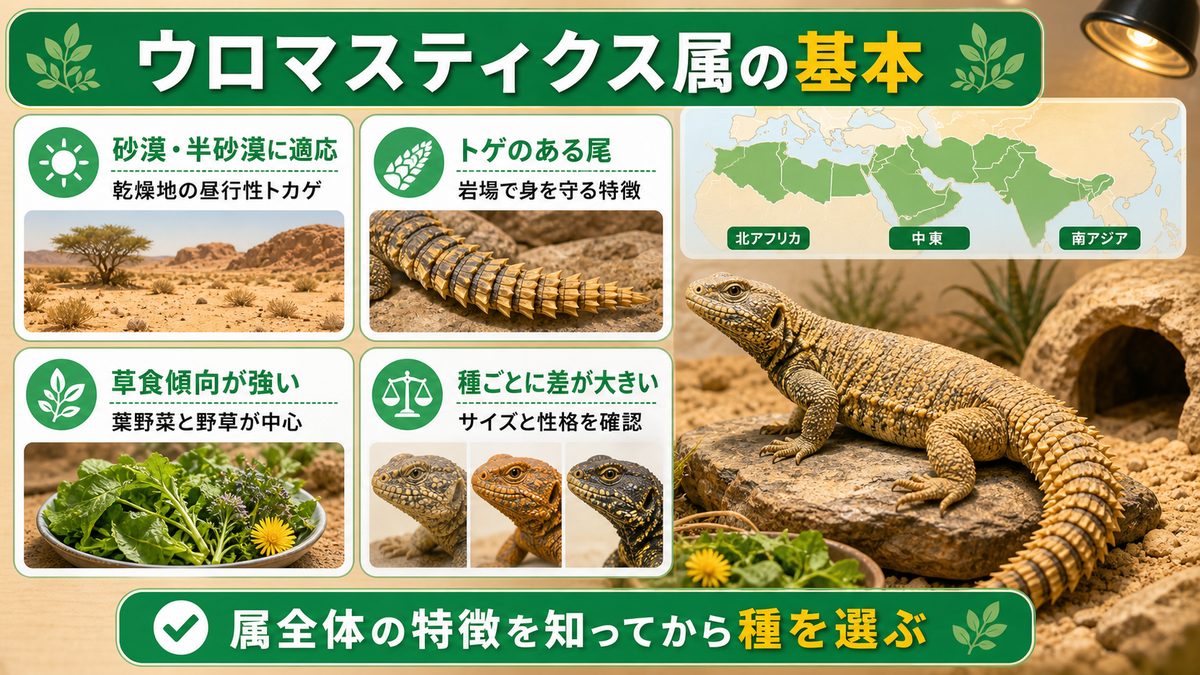 🦎 ウロマスティクス属とは？分類・分布・特徴を解説の要点をまとめたカメレオン・爬虫類飼育インフォグラフィック