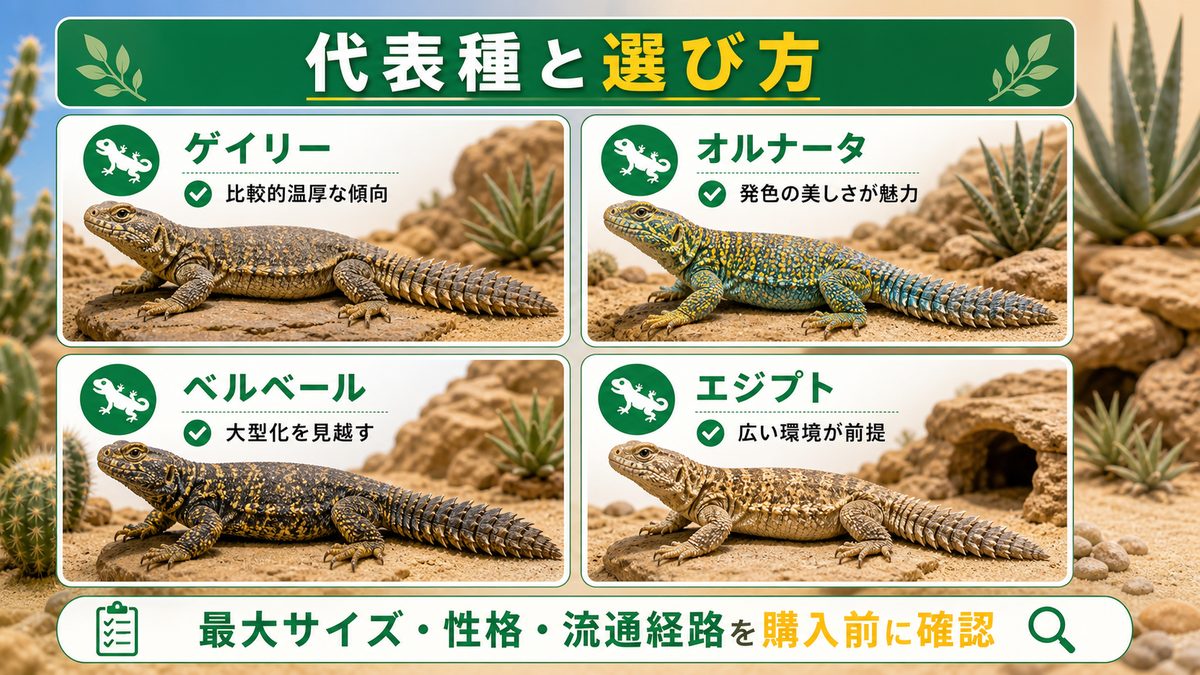 🦎 代表種の紹介と比較｜飼育難易度・サイズ・個性を一挙解説の要点をまとめたカメレオン・爬虫類飼育インフォグラフィック