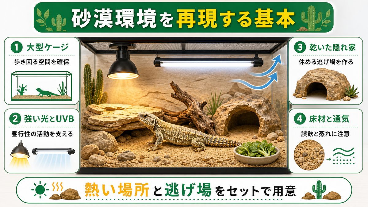 🏜️ 飼育環境の設定｜砂漠の極限環境を再現するポイントの要点をまとめたカメレオン・爬虫類飼育インフォグラフィック