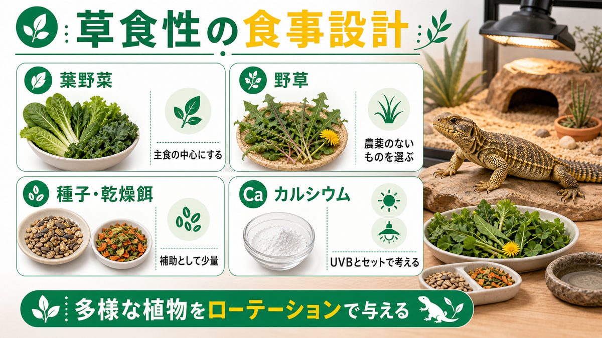 🌿 給餌と栄養管理｜草食性の豊かな食卓を作るの要点をまとめたカメレオン・爬虫類飼育インフォグラフィック