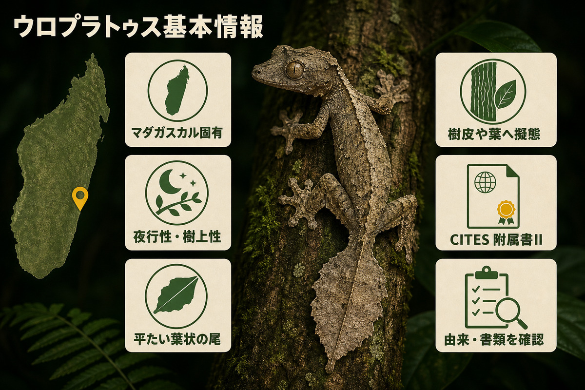 マダガスカル固有、夜行性・樹上性、葉状の尾、擬態、CITES附属書IIと由来確認を示すウロプラトゥスのIMAGE2図解