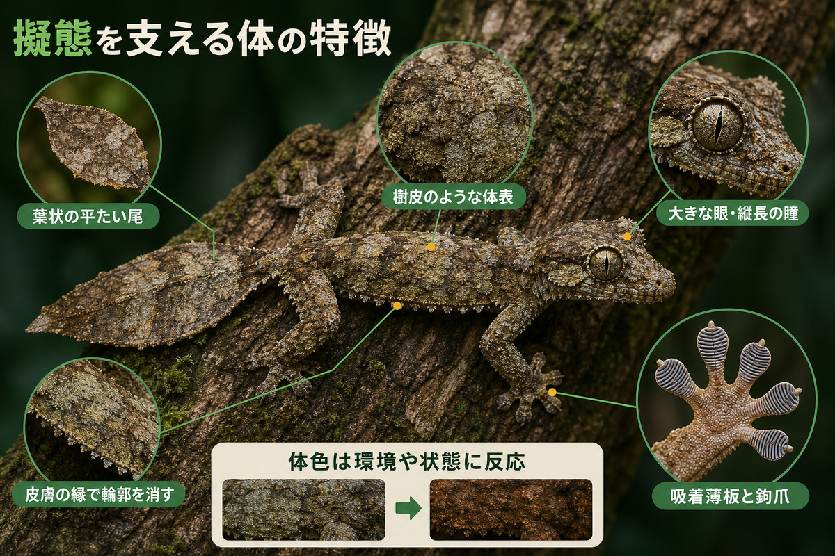 葉状の尾、樹皮状の体表、皮膚の縁、大きな眼、吸着薄板と鉤爪、体色反応を示すウロプラトゥスのIMAGE2形態図解