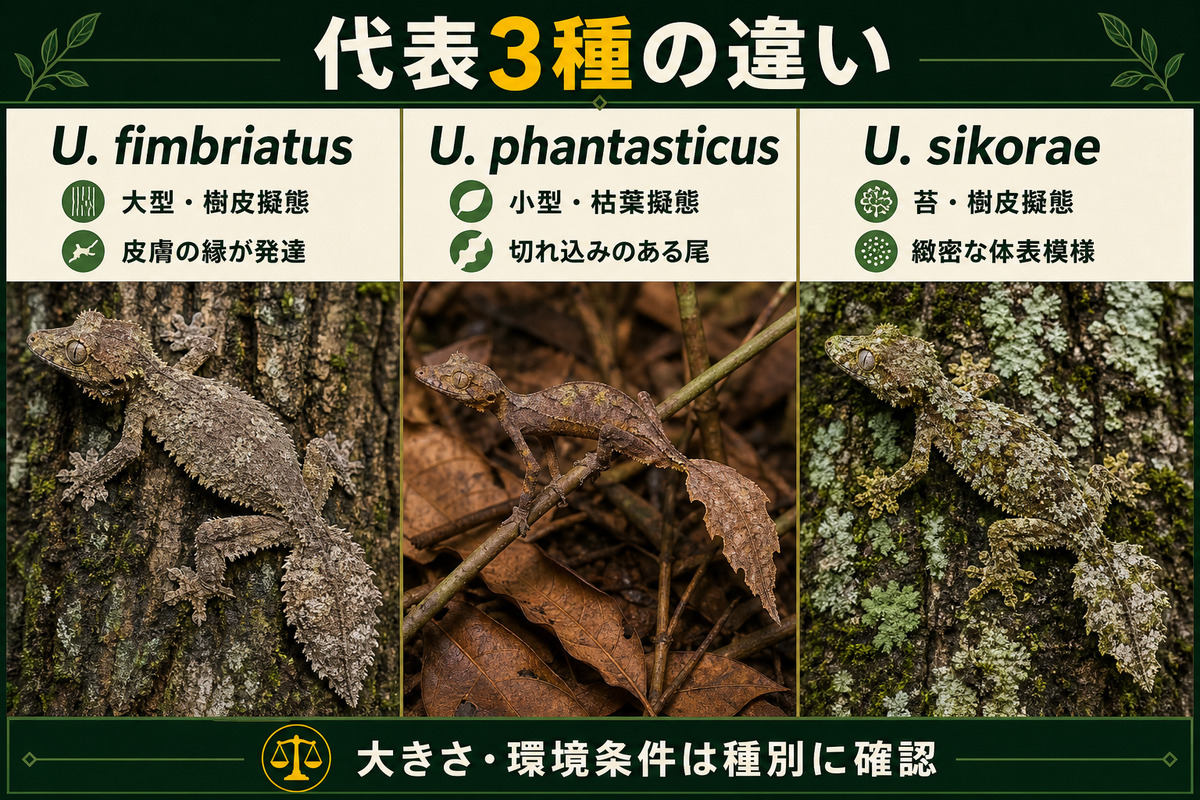 ウロプラトゥス・フィンブリアトゥス、ファンタスティカス、シコラエの体格感と樹皮・枯葉・苔擬態の違いを示すIMAGE2比較図