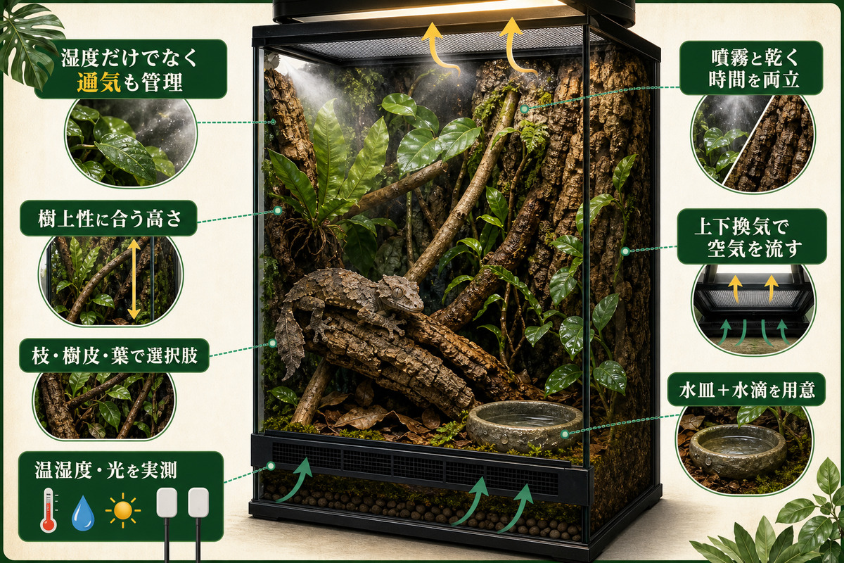 樹上性に合う高さ、枝・樹皮・葉、噴霧と乾く時間、上下換気、水皿と水滴、実測を示すウロプラトゥス環境のIMAGE2図解